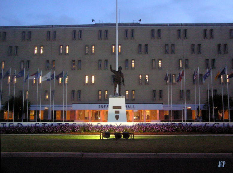 a photo of the U.S. Army Infantry
School at night by Jill Christensen