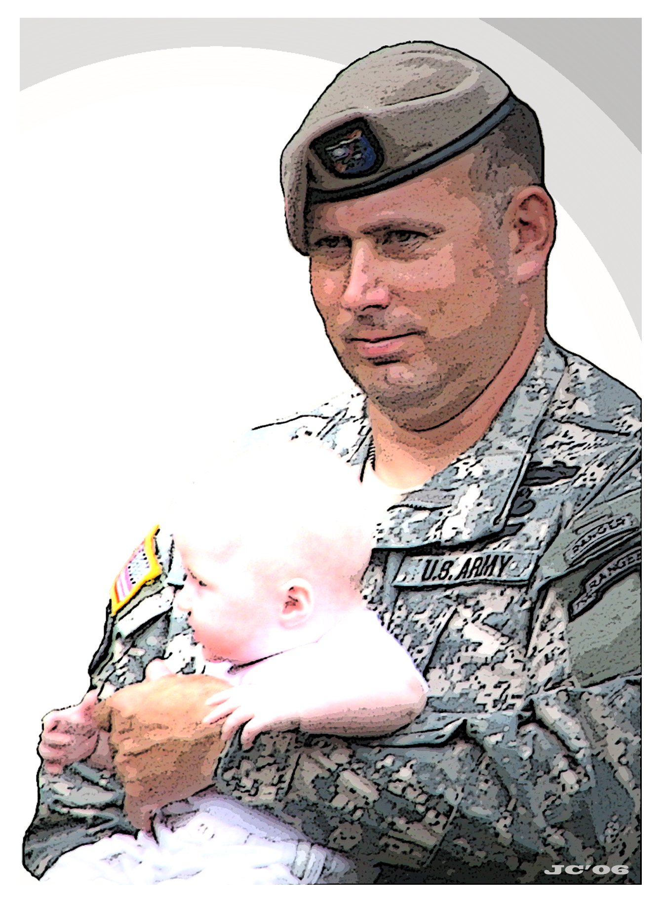 a photo of a father in uniform
holding an infant by Jill Christensen
